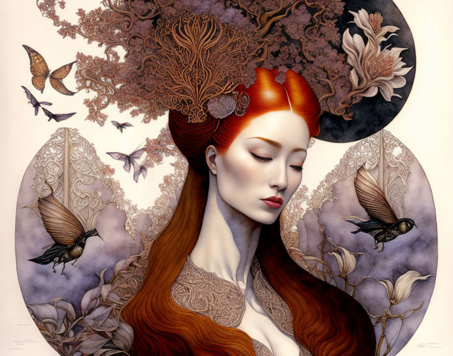 Red-haired woman in nature-themed artwork with birds, flowers, and branches.