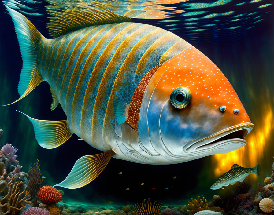 Colorful Striped Fish Illustration in Underwater Reef Environment