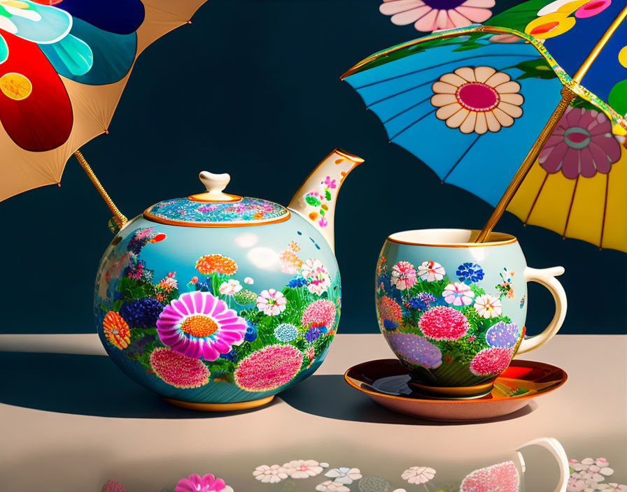 Vibrant still life with floral teapot, cup, and umbrellas on reflective surface