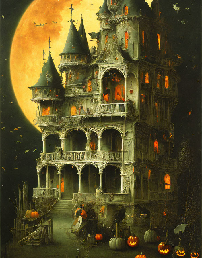 Spooky Halloween scene with haunted house, jack-o'-lanterns, full moon, bats,