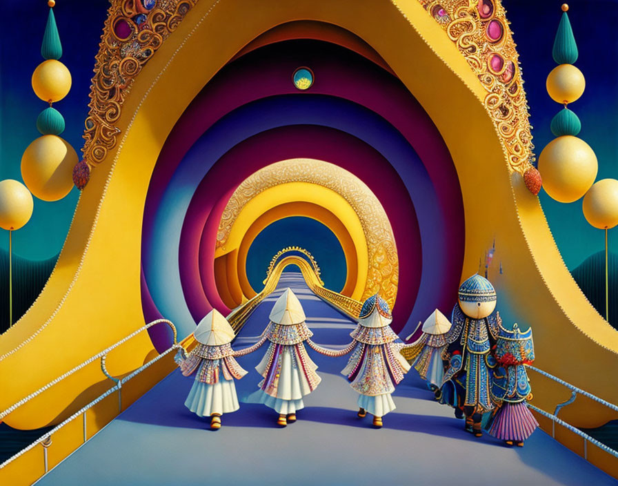 Colorful surreal artwork: Figures marching through layered tunnel
