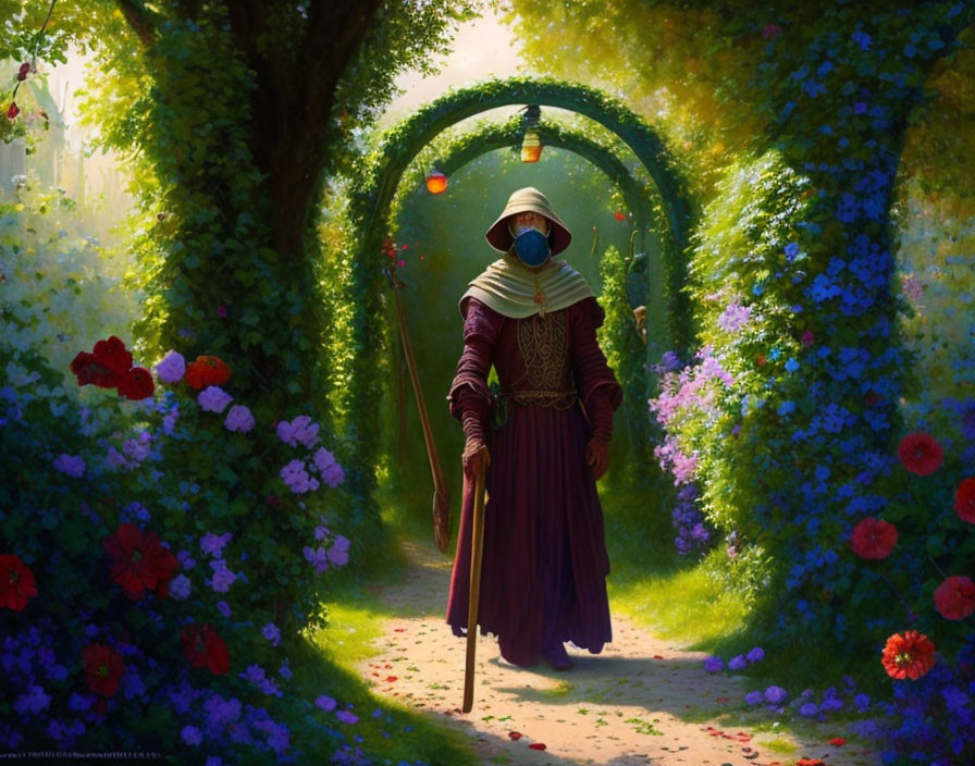 Historical figure in plague doctor mask strolls through lush garden path