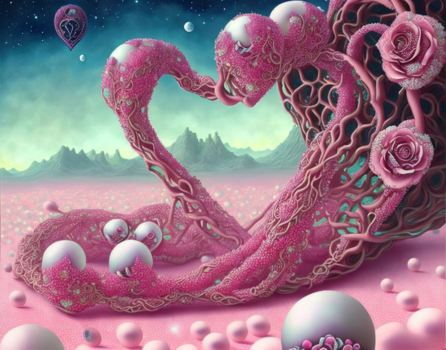 Surreal landscape featuring pink heart-shaped tree, roses, floating spheres, and starlit teal sky