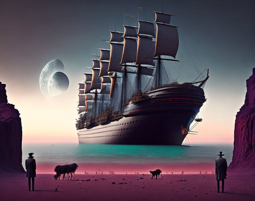 Beached sailing ship under pink sky with giant moon, observers, and wild animals