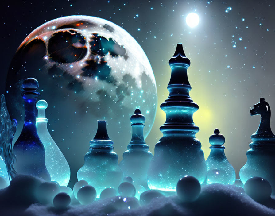 Fantasy-themed chess set with celestial bodies and star-filled galaxy.