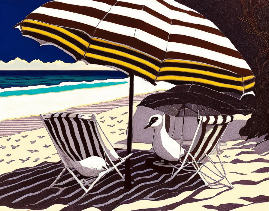 Striped beach umbrella, chairs, seagull, waves, and tree trunk scene.