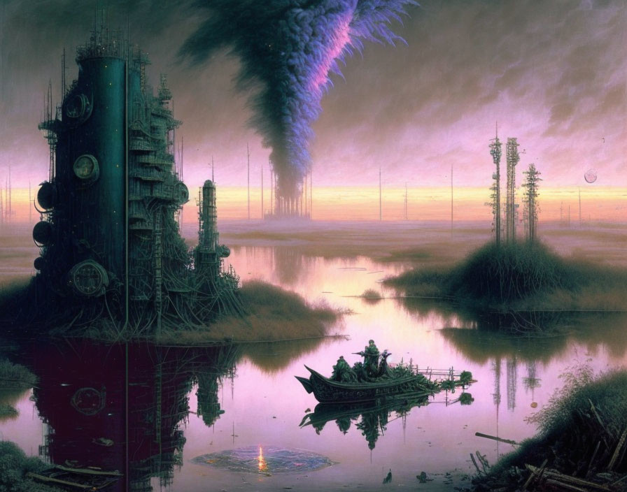 Fantastical dusk landscape with industrial tower, boat on water, ethereal trees, purple sky