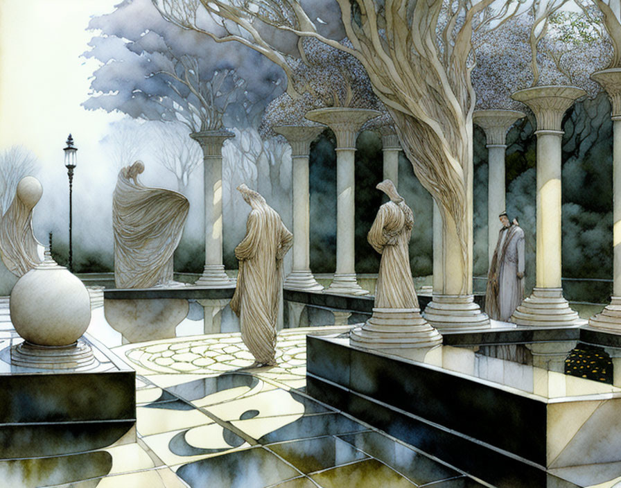 Ethereal garden with statues, columns, checkered pathway, trees, and solitary figure in mist