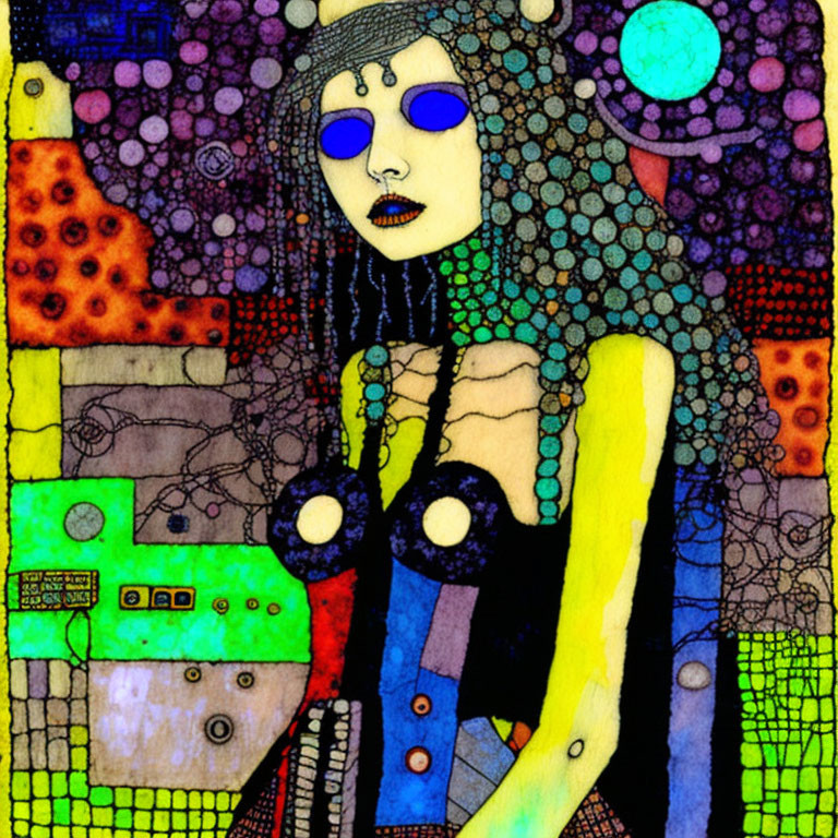 Abstract artwork of stylized female figure with blue eyes and long hair amid geometric shapes.