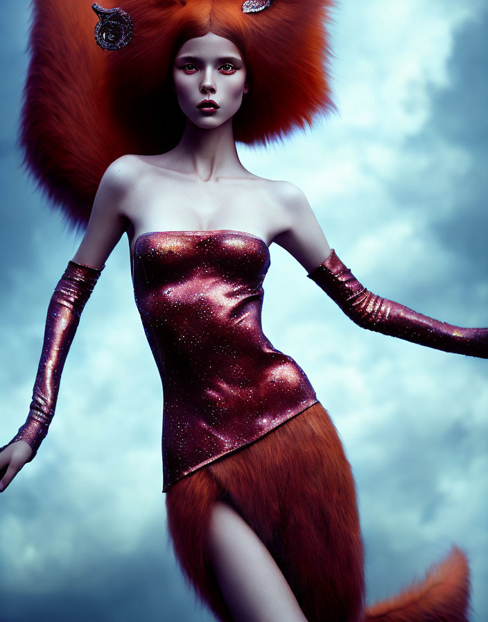 Striking Red Hair Woman in Fox-Ear Style Dress and Gloves