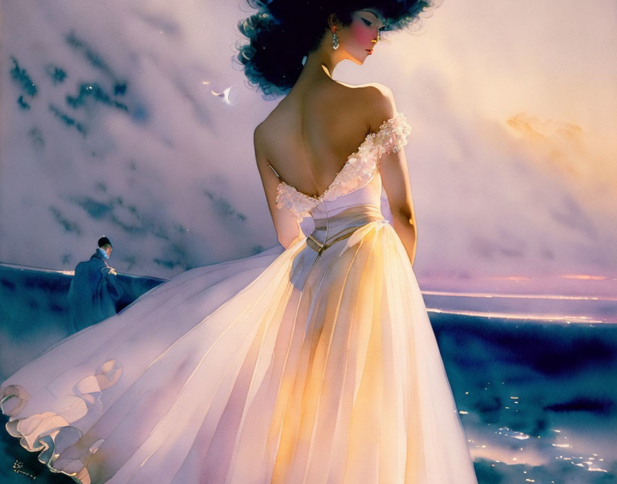 Woman in flowing pale gown by the sea under dreamy pastel sky