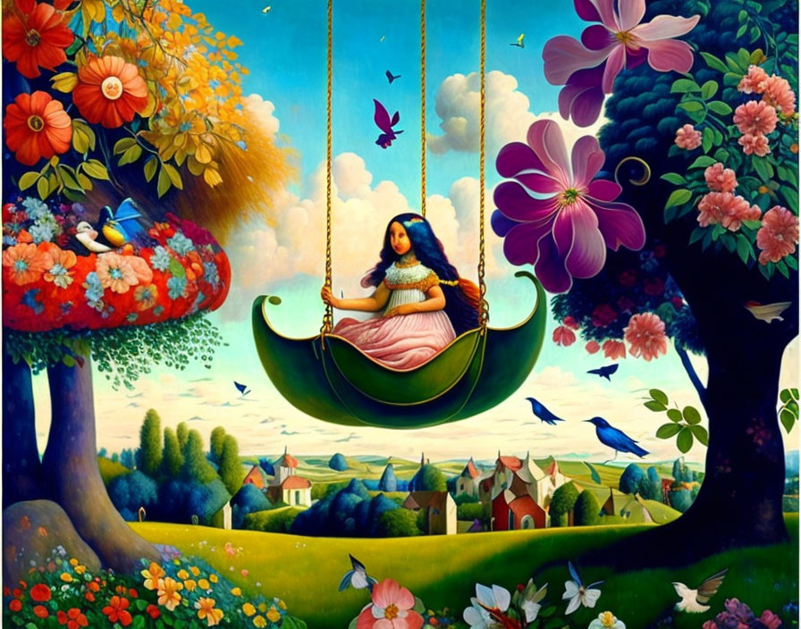 Vibrant artwork of woman on swing with flowers and birds.