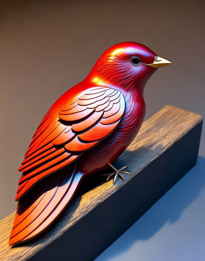 Vibrant red wooden bird sculpture on dark brown ledge