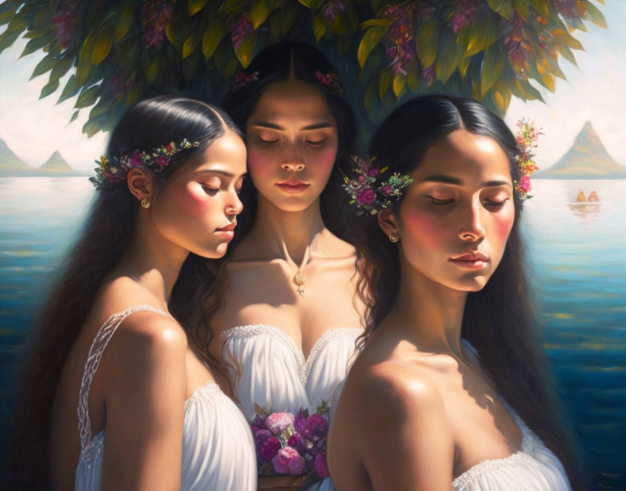 Three women in floral crowns and white dresses by a serene lake and distant mountains.