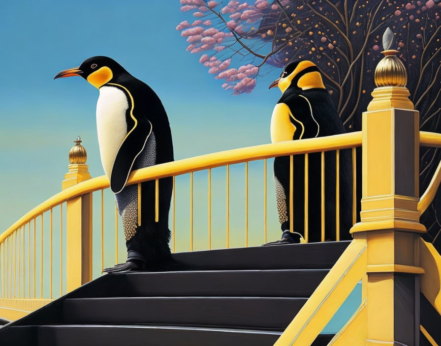 Stylized penguins on ornate yellow bridge under pink blossoming tree