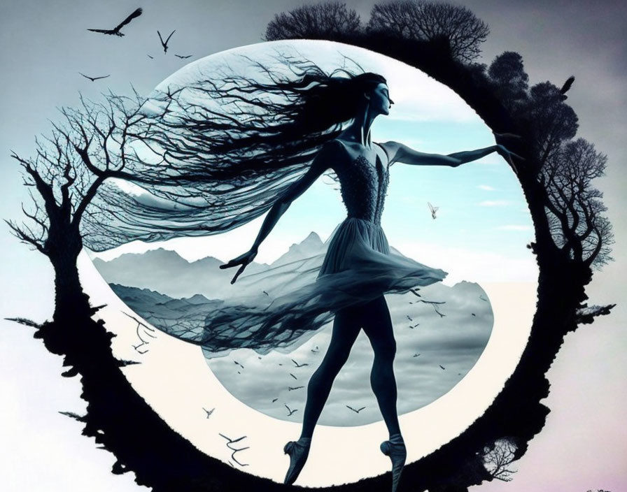 Surreal illustration of woman dancing against moonlit landscape