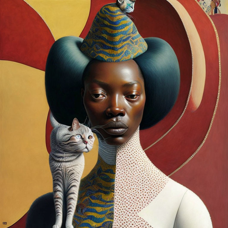 Surreal portrait of woman with blue and gold headpiece holding a grey cat