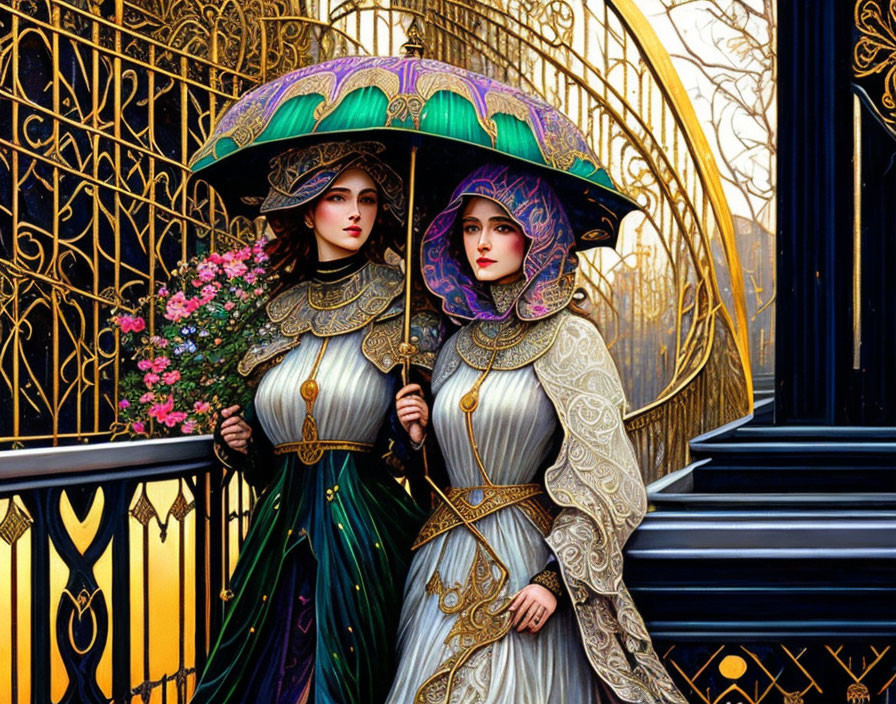 Two women in decorative dresses under shared umbrella, with golden gate and staircase.