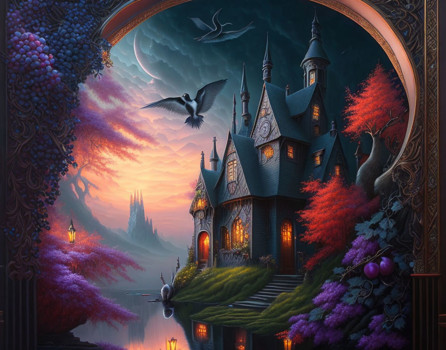 Fantasy castle at sunset with purple foliage and lake scenery