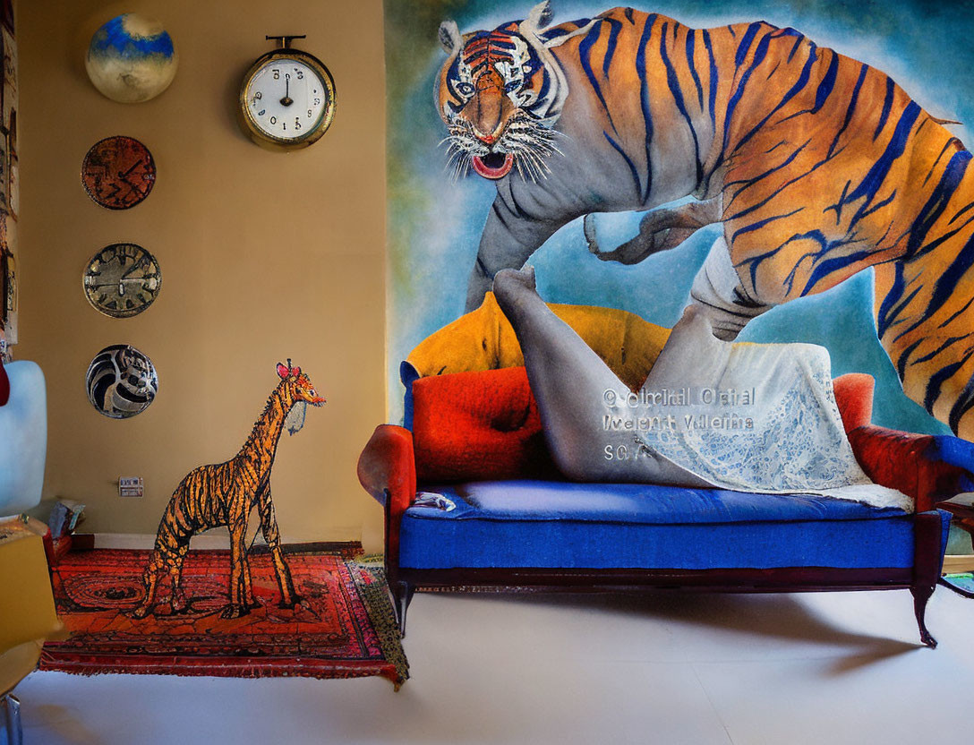 Colorful Living Room Decor with Tiger Mural, Eclectic Clocks & Giraffe Sculpture