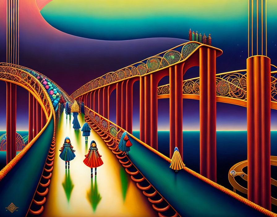Vibrant surreal artwork: people with conical shapes on ornate bridges under curved, striped sky