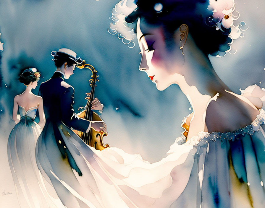 Three elegant women in watercolor style with flowing dresses and dreamy ambiance.