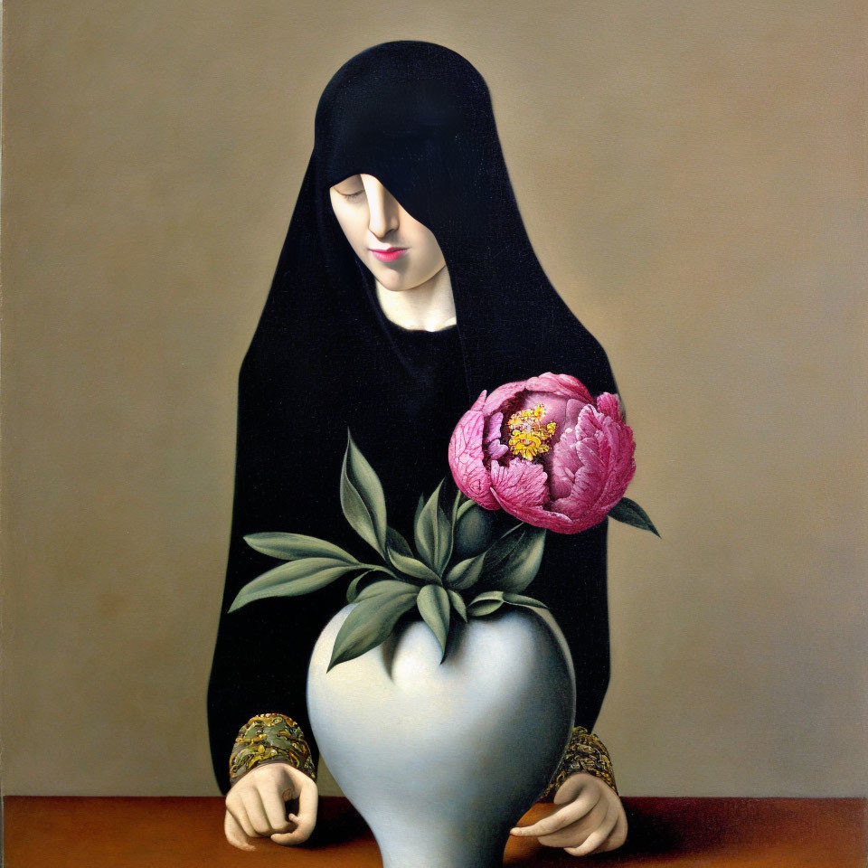 Oil painting of woman in black veil with pink flower and white vase