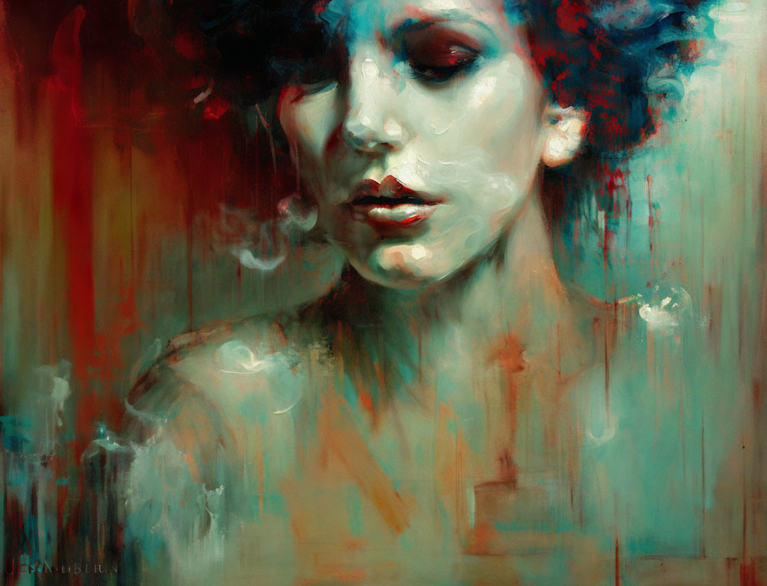 Blue-haired woman in abstract painting with dreamy background