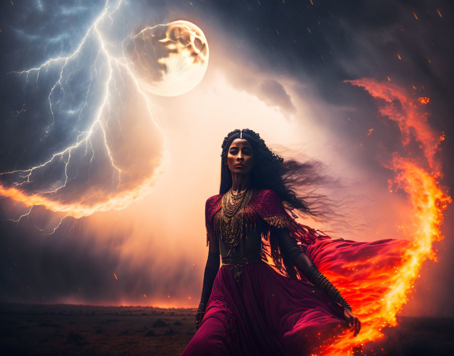 Woman in Red Dress Amid Lightning Bolt, Moon, and Fire Sky