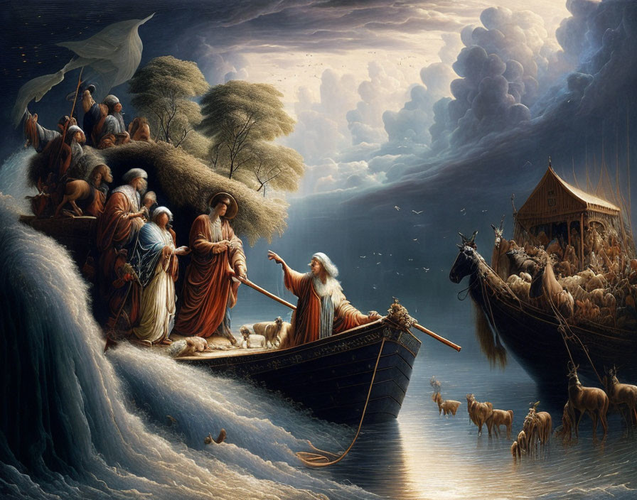 Biblical scene painting: figures on boat with man parting sea