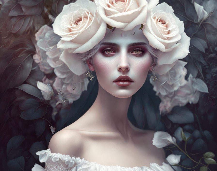 Woman portrait with pale skin, white roses, serene expression, delicate earrings, off-shoulder attire