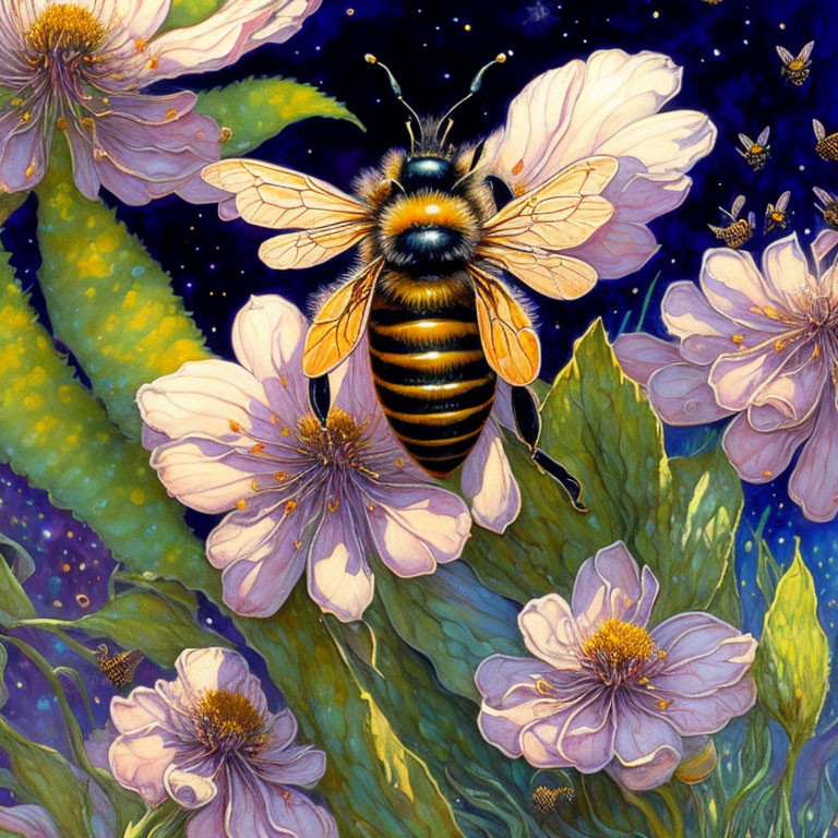 Detailed Bee Illustration with Pink Flowers and Night Sky