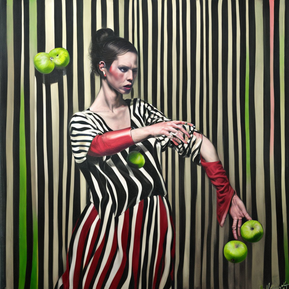 A woman in a red dress juggling green apples