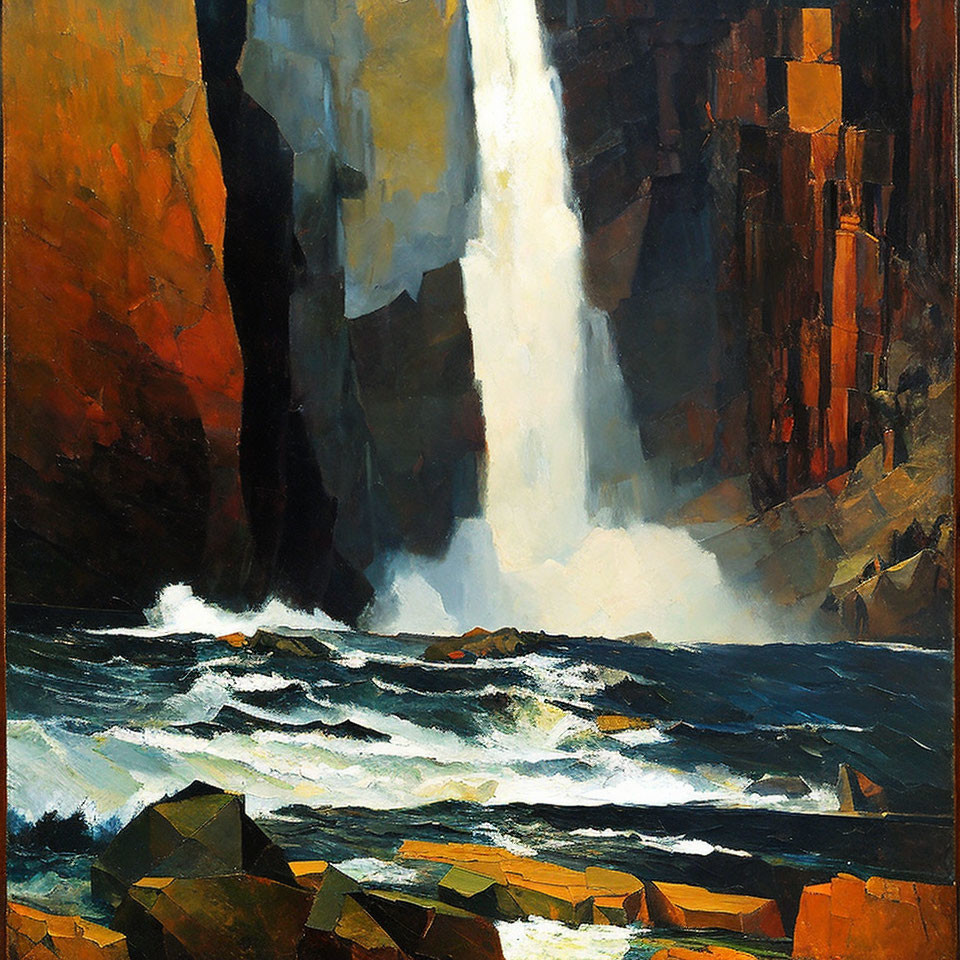 Vibrant painting captures waterfall between cliffs