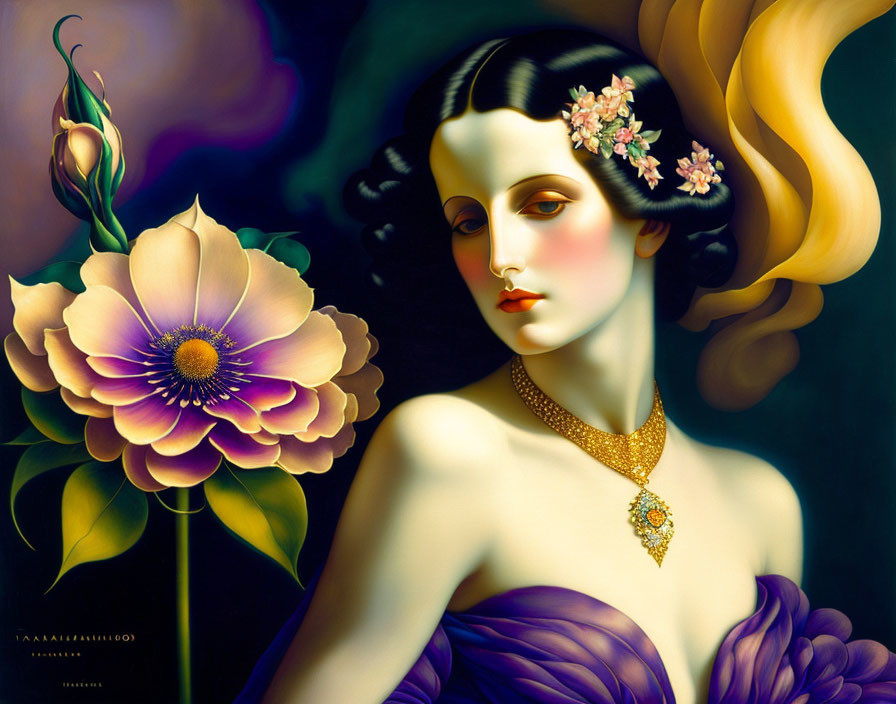 Illustrated portrait of woman with dark hair, pale skin, purple dress, golden necklace, and styl