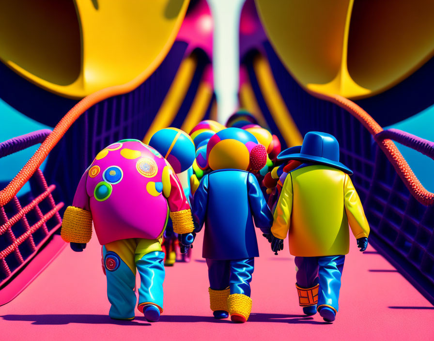 Vibrant animated characters near whimsical structure in surreal landscape