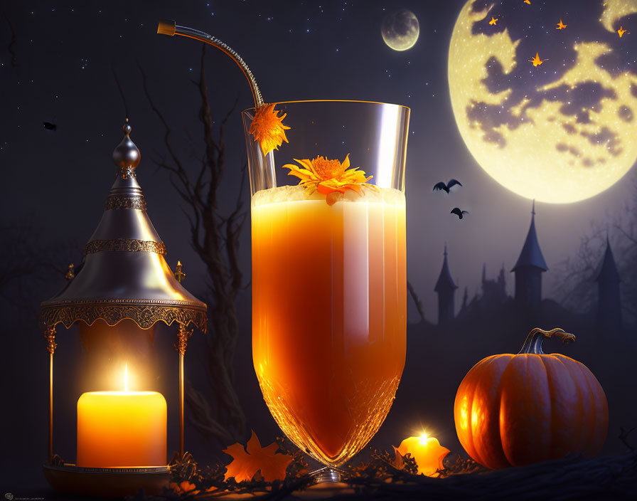 Spooky Halloween still life with candle, pumpkin, lantern, and orange drink on moonlit night.