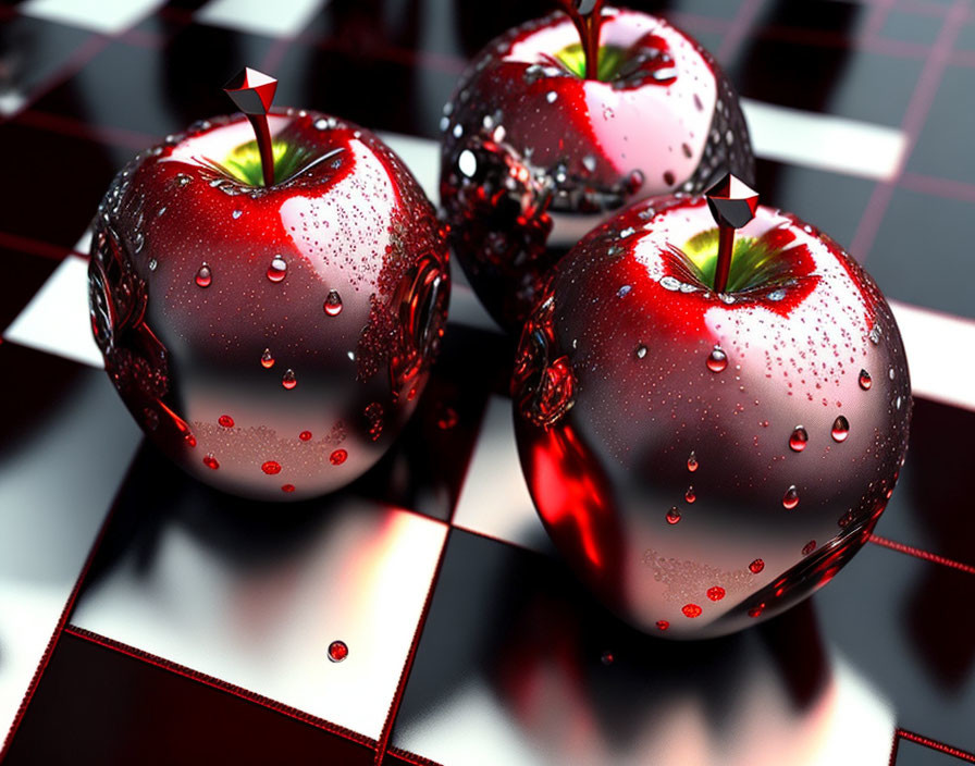 Fresh Red Apples with Water Droplets on Checkered Surface