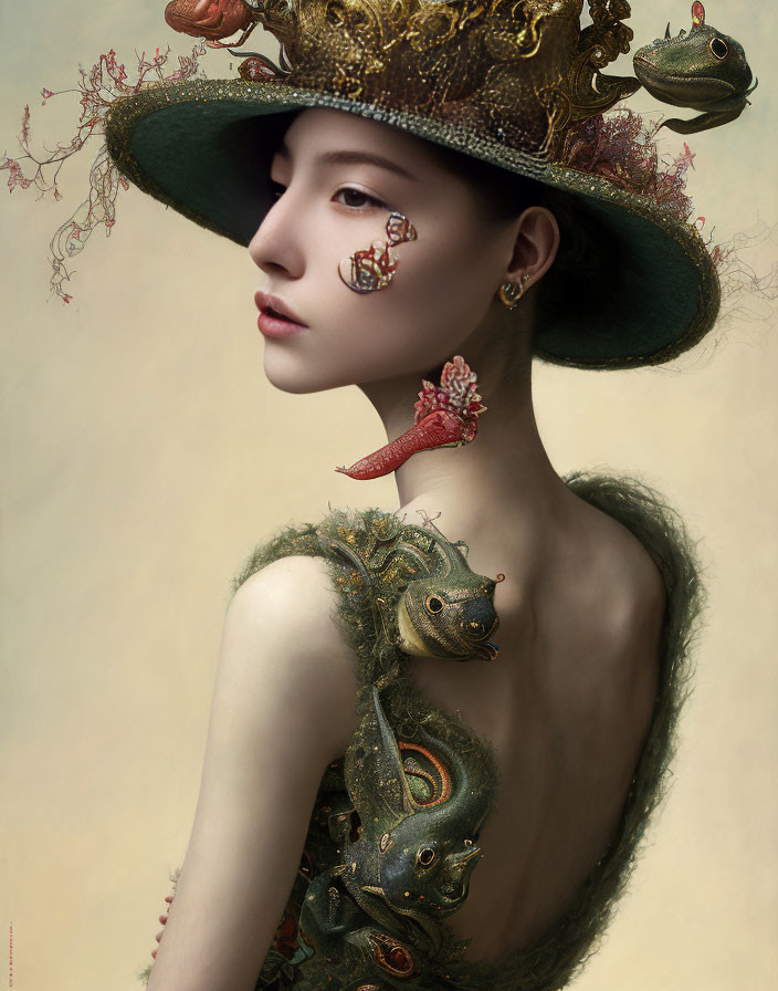 Woman in decorative hat with aquatic creatures and moss-like garment.