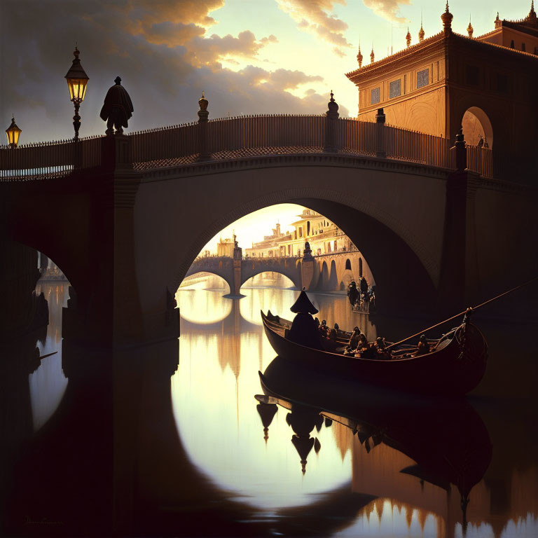 Ornate bridge and gondola at dusk with warm reflections