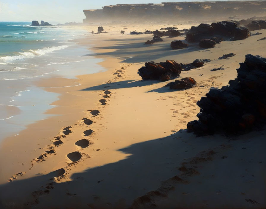 Tranquil Beach Scene with Footprints and Cliffs