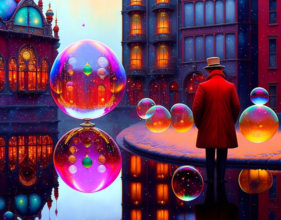 Person in red coat gazes at floating bubbles in fantastical cityscape