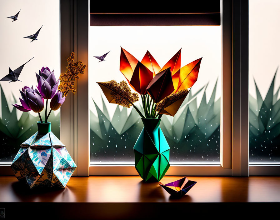 Colorful Origami Flowers in Vases with Paper Butterflies and Greenery Background