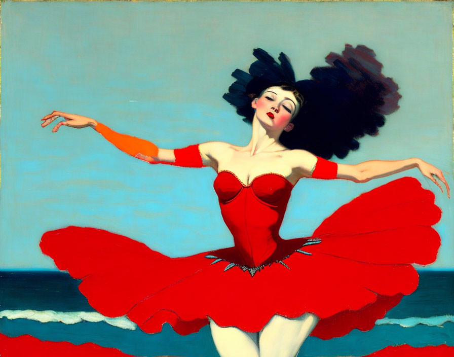 Graceful dancer in red costume against serene sea and sky