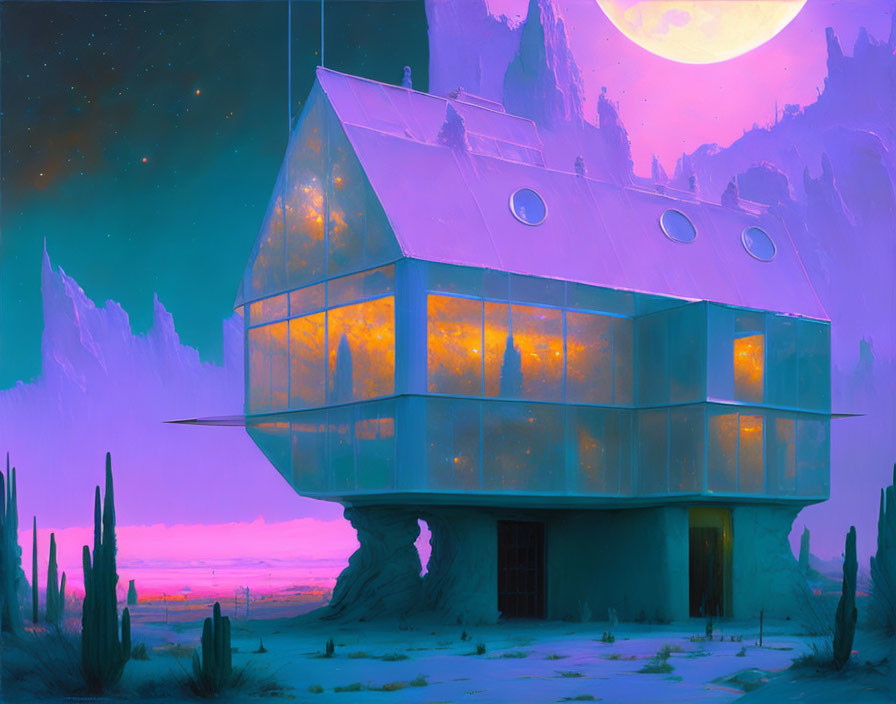 Modern house on rock in surreal purple desert with large windows