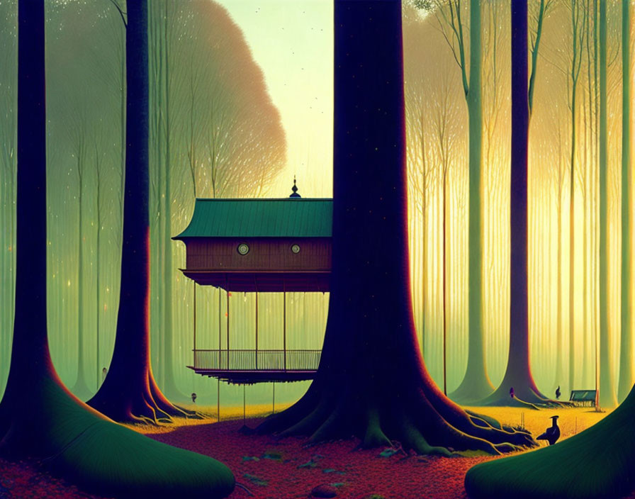 Enchanting forest scene with whimsical treehouse, sun rays, tall trees, and peaceful cat