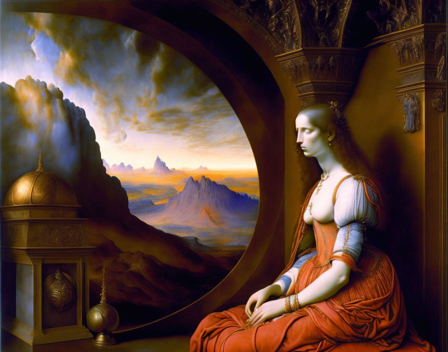 Woman in Renaissance-style orange dress gazes out window at fantastical landscape