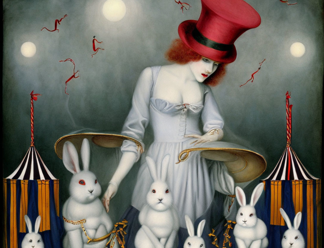 Surreal portrait of woman in red top hat with white rabbits and circus scene