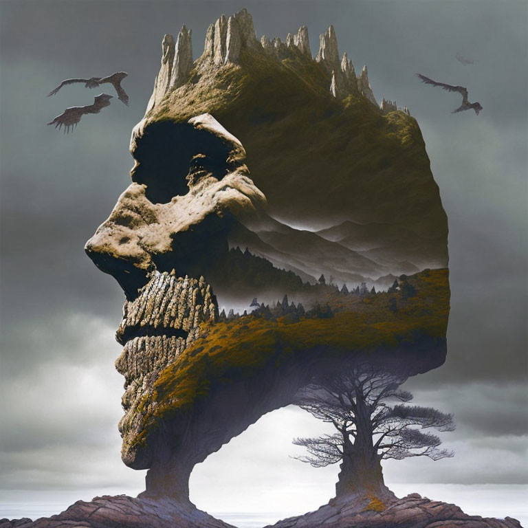 Mountain-shaped human profile in surreal landscape with trees and birds