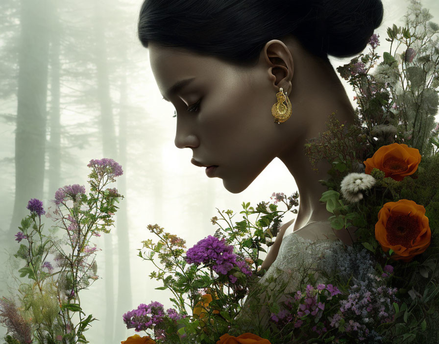 Woman with bun hairstyle and elegant earring in surreal forest setting with vivid flowers.